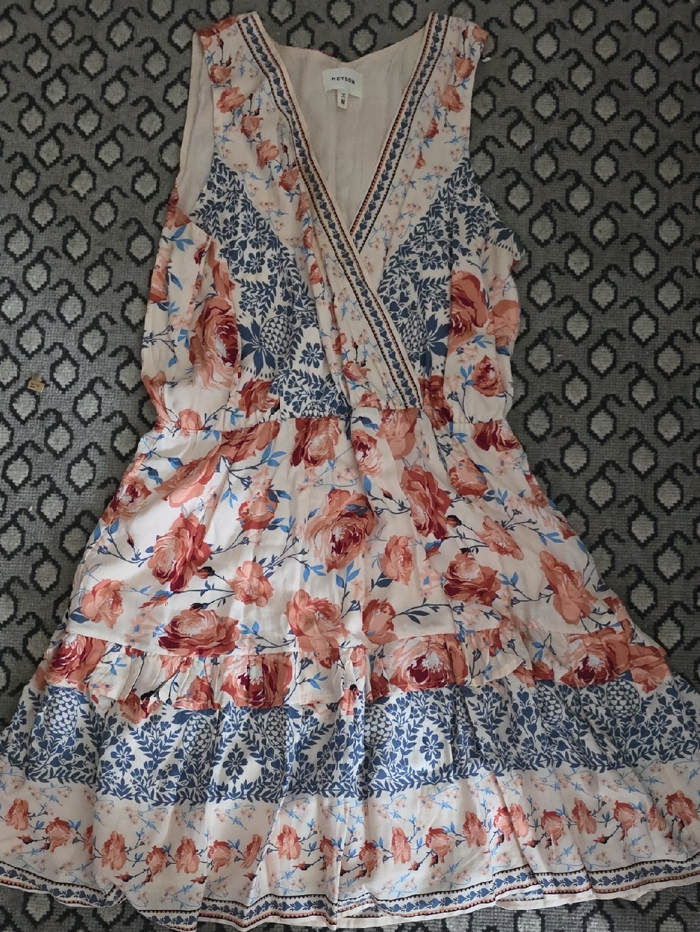 Sleeveless Floral Wrap Midi Dress in Cream, Blue and Rust